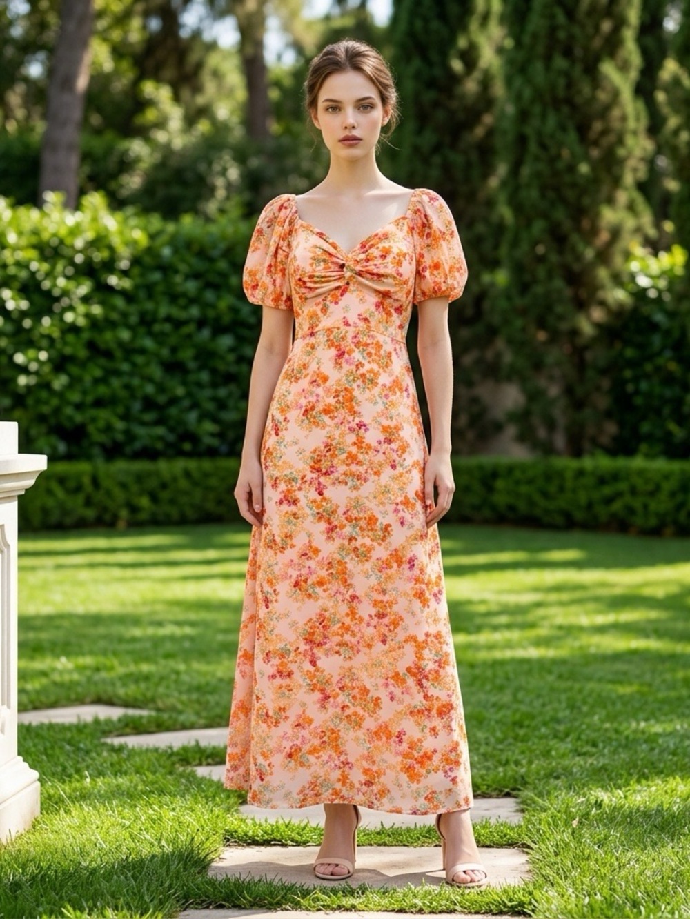Sincerely Jules XS Pink Floral Puff Sleeve Twist Front Midi Dress